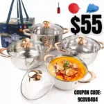 BAERFO Silver Pots and Pans Set with lids-8 Piece Luxe Silver 304 Stainless Steel Cookware Set PFOA Free Non Toxic