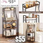 Bakers Rack, 4 Tier Microwave Stand, Coffee Bar Station with 6 Hooks