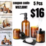 Bathroom Accessories Set – Complete 5 Pcs with Amber Glass Soap Dispenser, Soap and Toothbrush Holder, Qtip and Cotton Ball Holder