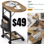 C Shaped End Table for Couch, Folding Side Table, Couch Tables That Slide Under with Wheels, Large Table-top