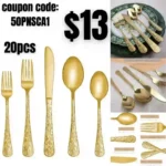 Carved Gold Stainless Steel 20 Pieces Flatware Set
