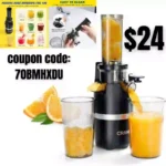 Compact Masticating Slow Juicer, Cold Press Juice Extractor with Brush and Reverse Function for Fruit Vegetable Juice