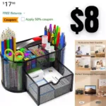Desk Organizer Mesh Desktop Office Supplies Multi-functional Caddy Pen Holder Stationery with 8 Compartments and 1 Drawer