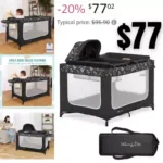 Dream On Me Emily Rose Deluxe Playard in Black and White with Infant Bassinet and Changing Tray