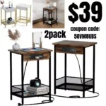 End Table with Charging Station Set of 2, Night Stand Set 2 with USB Ports & Outlets, Side Table with 2-Tier Storage Shelf for Small Spaces