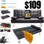 Futon Sofa Bed, Modern Faux Leather Futon Sofa Bed with 2 Cup Holders and Pillows, Convertible Folding Futon Couch for Compact Living Space