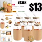 Glass Cups with Bamboo Lids and Straws 8pcs Set, 20oz Can Shaped Cute Tumbler Cup with Cleaning Brushes, Beer Glasses