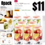 Glass Cups with Silicone Lids 8pcs Set, 20oz Can Shaped Glass Cups with Straws