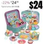 Jewelkeeper Toddler Toys Tea Set for Little Girls – 42 Pcs Tin Tea Set for Kids Tea Time Includes Teapot