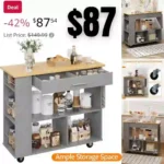 Kitchen Island on Wheels with Large Work Countertop, Storage Island & Cart with 3-Tier Spice Rack, 3 Open Shelves and 1 Drawer