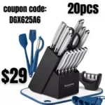 Knife Set, 20 Pcs Kitchen Knife Set with Block, Sharpener, Cutting Board & Essential Gadget