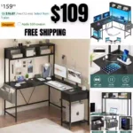 L Shaped Desk Gaming Desk with LED Strip & Power Outlet, Reversible L-Shaped Computer Desk with Storage Shelf & Drawer