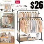 Laiensia Double Rods Garment Rack with Wheels, Clothing Rack for Hanging Clothes,4 Hooks