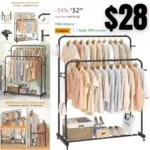 Laiensia Double Rods Garment Rack with Wheels, Clothing Rack for Hanging Clothes,4 Hooks
