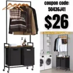 Laundry Sorter, with 2 Pull-Out and Removable Laundry Hamper, Basket Laundry with Wheels, with Clothing Rack and 6 Hooks, with Ironing Board, for Closet Storage and Bedroom or Bathroom