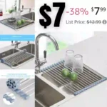 Roll Over Sink Dish Drying Rack, Foldable Kitchen Rolling Dish Drainer, Stainless Steel Wire Drying Mat for Counters