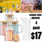 Square Drinking Glasses With Handle Set of 4-20 OZ Glass Tumbler Cup with Bamboo Lids and Straw, Beer Can Shaped Glad Glass Cups for Iced Coffee, Soda, Water, Matcha, Chocolate