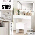 Vanity Desk Set with LED Lighted Mirror & Power Outlet, Makeup Vanity Table with 4 Drawers,Storage Bench,for Bedroom