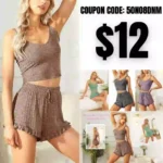 Womens Pajama Sets Knit Sleeveless Crop Cami Top and Tie Front Lounge Shorts Sleepwear Grey