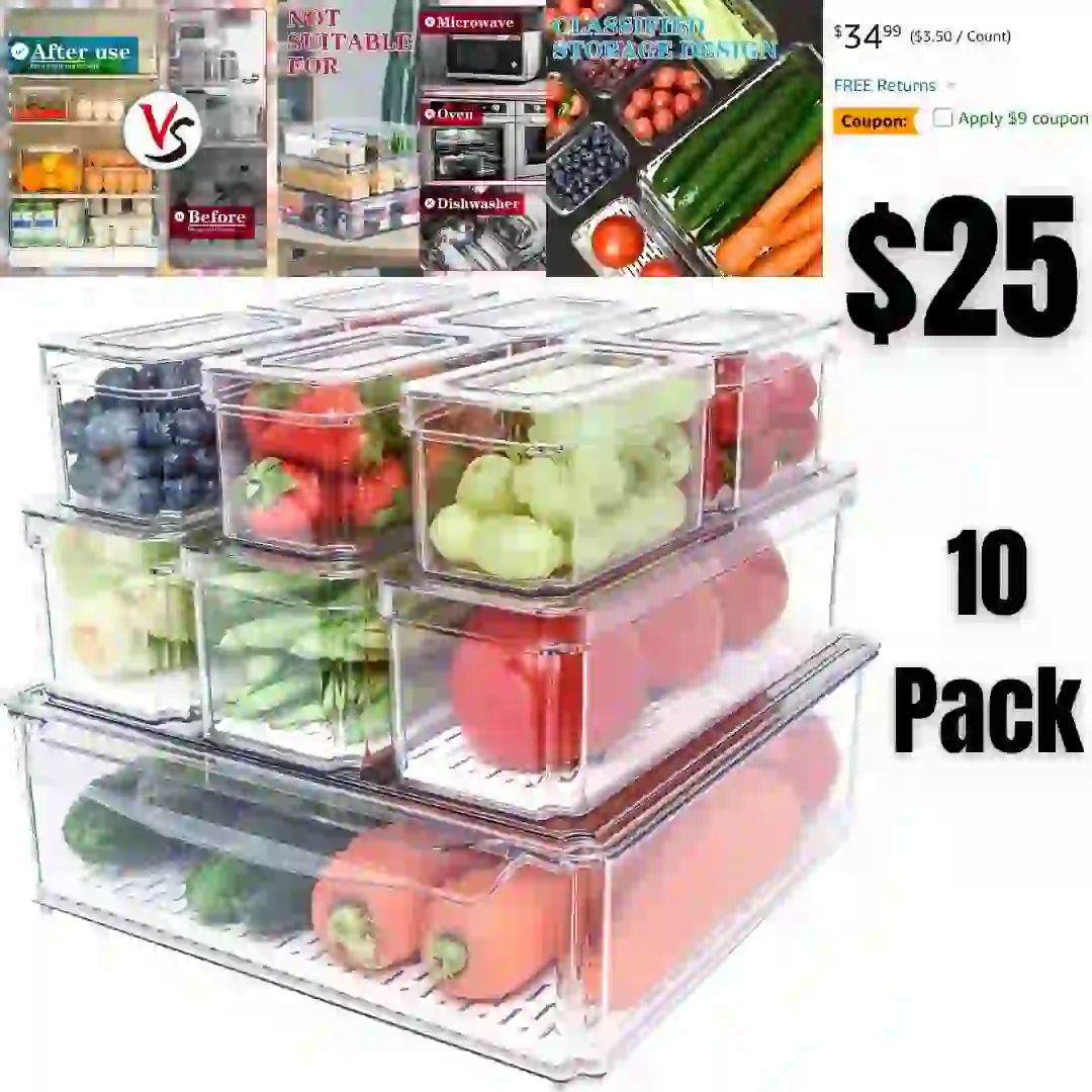 10 Pack Fridge Organizer, Stackable Refrigerator Organizer Bins with Lids