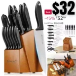 15-Piece Kitchen Knife Set with Sharpener Wooden Block and Serrated Steak Knives