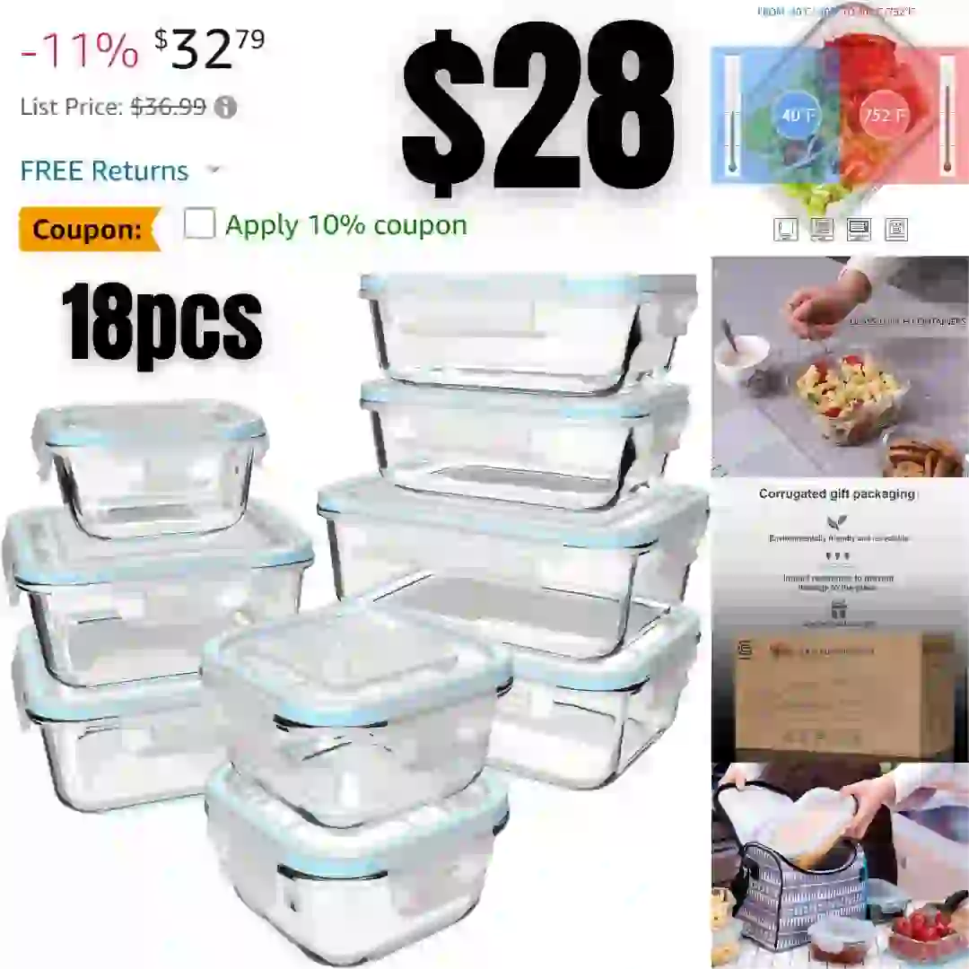 18 Piece Glass Food Storage Containers with Lids, Meal Prep Containers for Food Storage, BPA Free