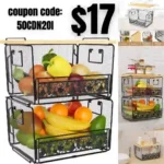 2 Pack Metal Basket, Stackable Black Wire Basket with Bamboo Lid