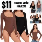 2 Piece Bodysuits Sexy Ribbed Bodysuits, One Piece Square Neck Long Sleeve