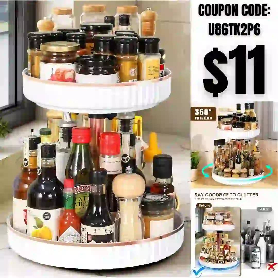 2 Tier Lazy Susan Organizer, Spice Rack Organizer for Cabinet, Lazy Susan Spice Organizer Plastic Turntable, 360 Rotating