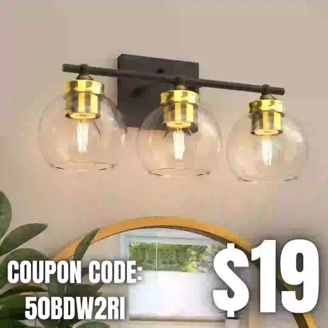 3 Light Black and Gold Bathroom Light Fixtures, Bathroom Light Fixtures with Clear Glass Globe Shade and E26 Base