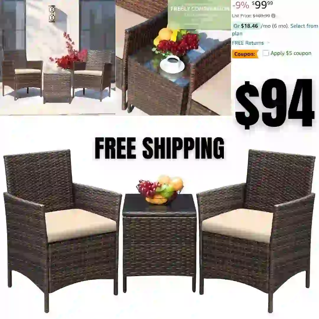3 Pieces Patio Furniture PE Rattan Wicker Chair Conversation Set