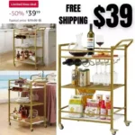 3-Tier Bar Cart, Mobile Bar Serving Cart, Industrial Style Wine Cart for Kitchen, Beverage Cart with Wine Rack and Glass Holder
