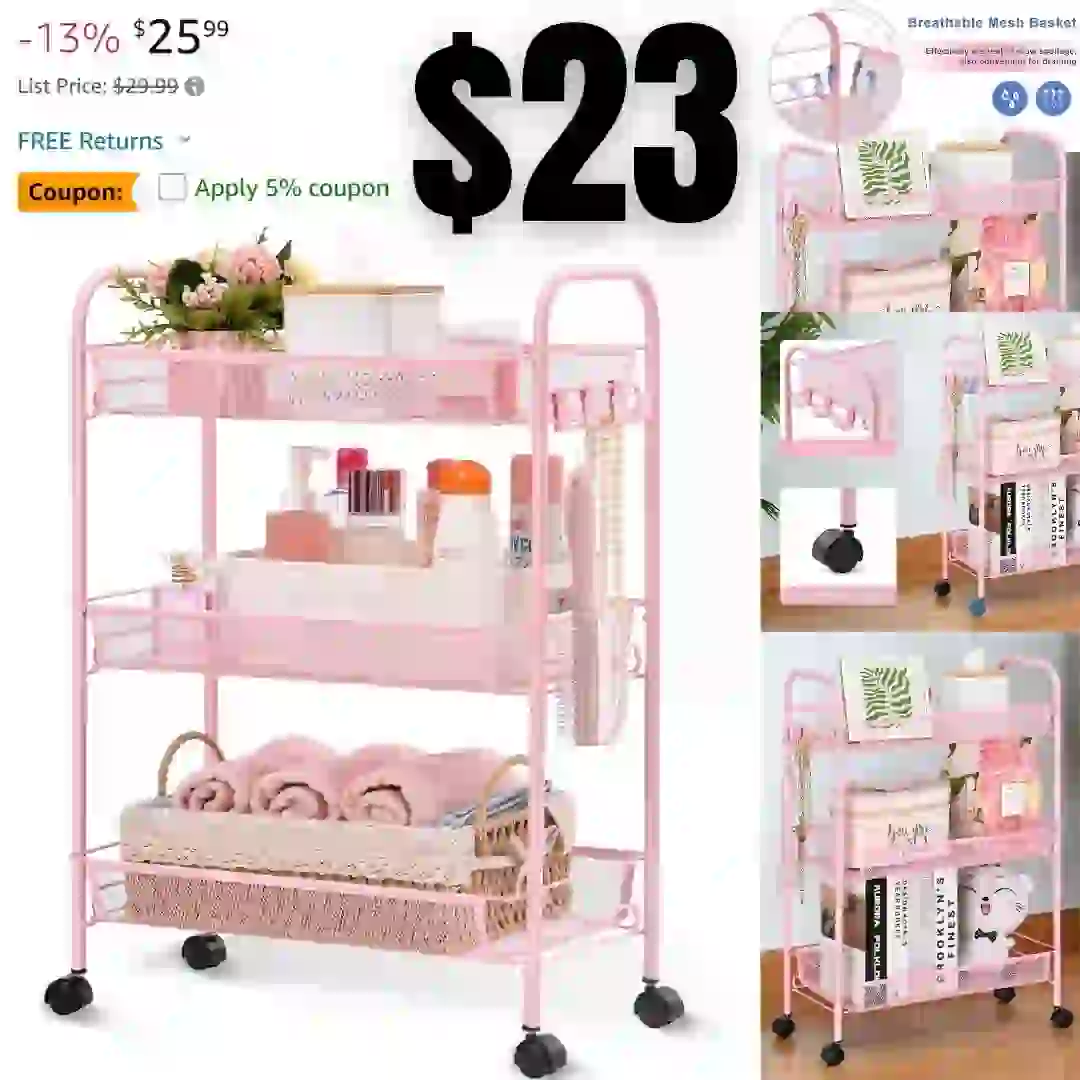 3-Tier Metal Rolling Cart, Mesh Wire Easy Assemble Utility Cart, Storage Trolley on Wheels with 3 Hooks