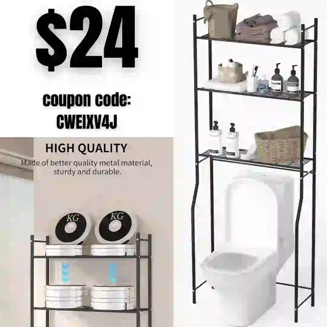 3-Tier Over The Toilet Storage, Freestanding Above Over Toilet Bathroom Organizer Space Saver, Metal Toilet Storage Shelf with 4 Hooks for Bathroom
