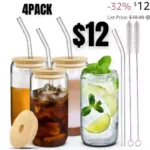 4 Glass Cups with Lids, Straws, and Brushes – 16 oz Drinking Cup Set with Bamboo Lids and Straws for Iced Coffee