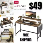 48 inch Computer Desk with Monitor Stand, Stable Design Writing Desk, Study Workstation Home Office Table with Storage Bag & Hook