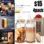 4pack Glass Cups with Bamboo Lids and Straws