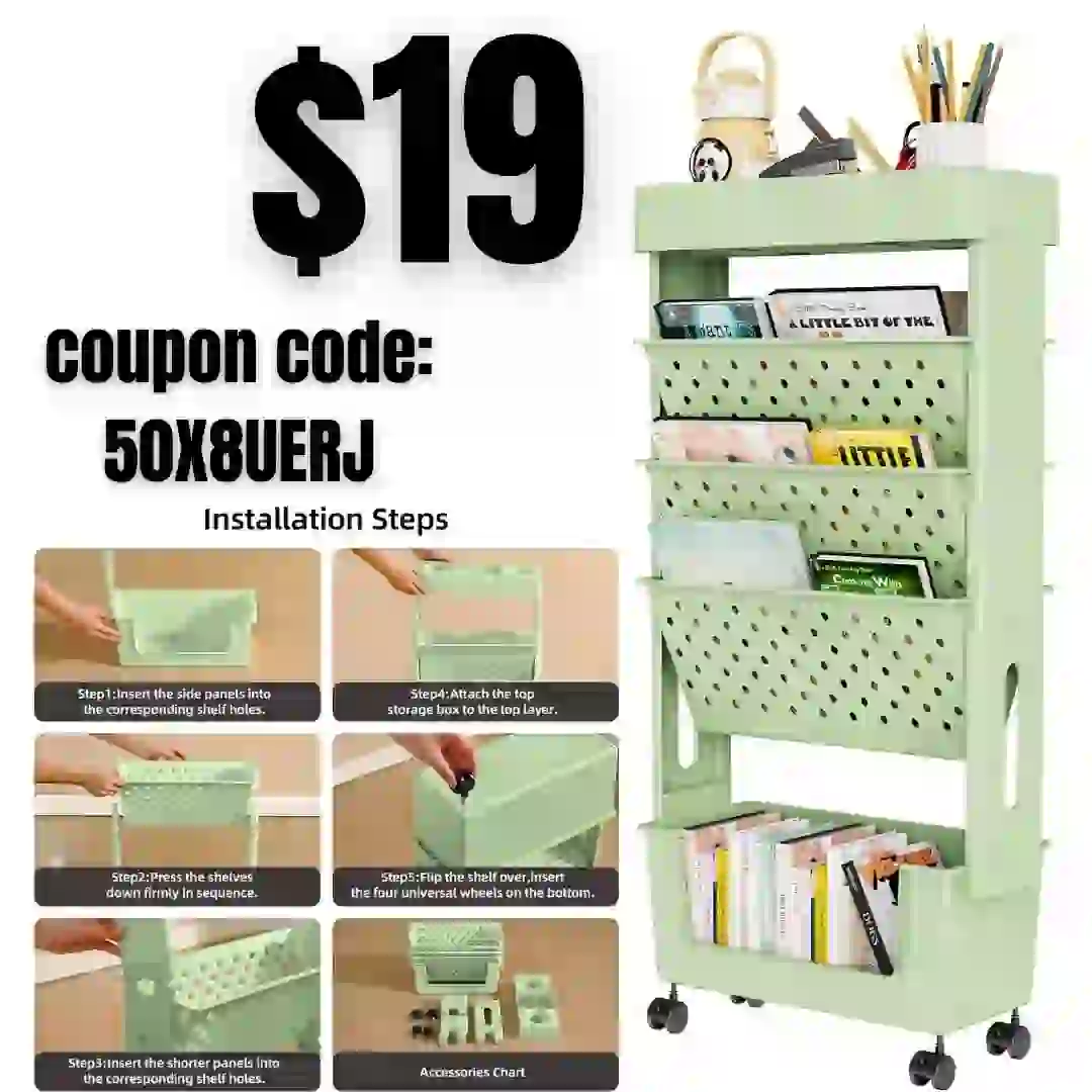 5 Tier Rolling Utility Cart Mobile Bookshelf Cart with Wheels, Movable Book Case Document Files Storage Cart