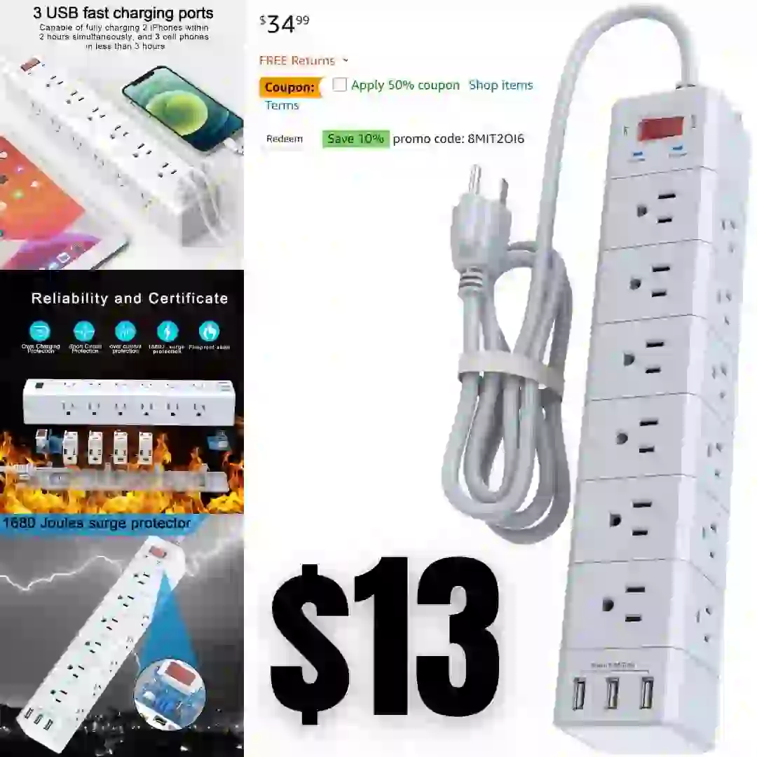6 Ft Long Power Strip, Surge Protector 3-Sided with 18 Outlets and 3 USB Charging Ports