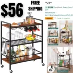 Bar Cart with Wheels, Bar Carts for The Home, 3-Tier Rolling Kitchen Cart with Wine Rack and Glass Holder