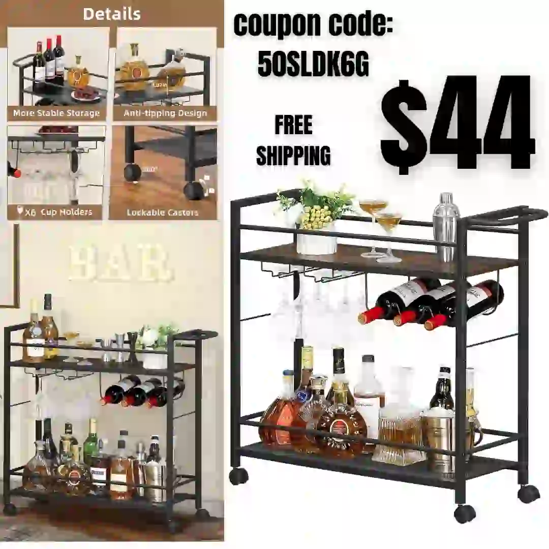Bar Cart,Home Bar Serving Cart with Large Storage Space, 2 Tier Rolling Beverage Cart with Wheels, Modern Wine Cart with Wine Rack and Glass Holder for Kitchen