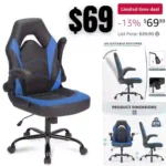 Blue Gaming Chair, Desk Chair with Wheels Pu Leather Office Chair