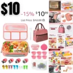 Box Lunch Box Kit, Japanese Bento Box Set 4 Compartments wLunch Bag Sauce Can, Cake Cups, Fruit Picks, Snack Bags