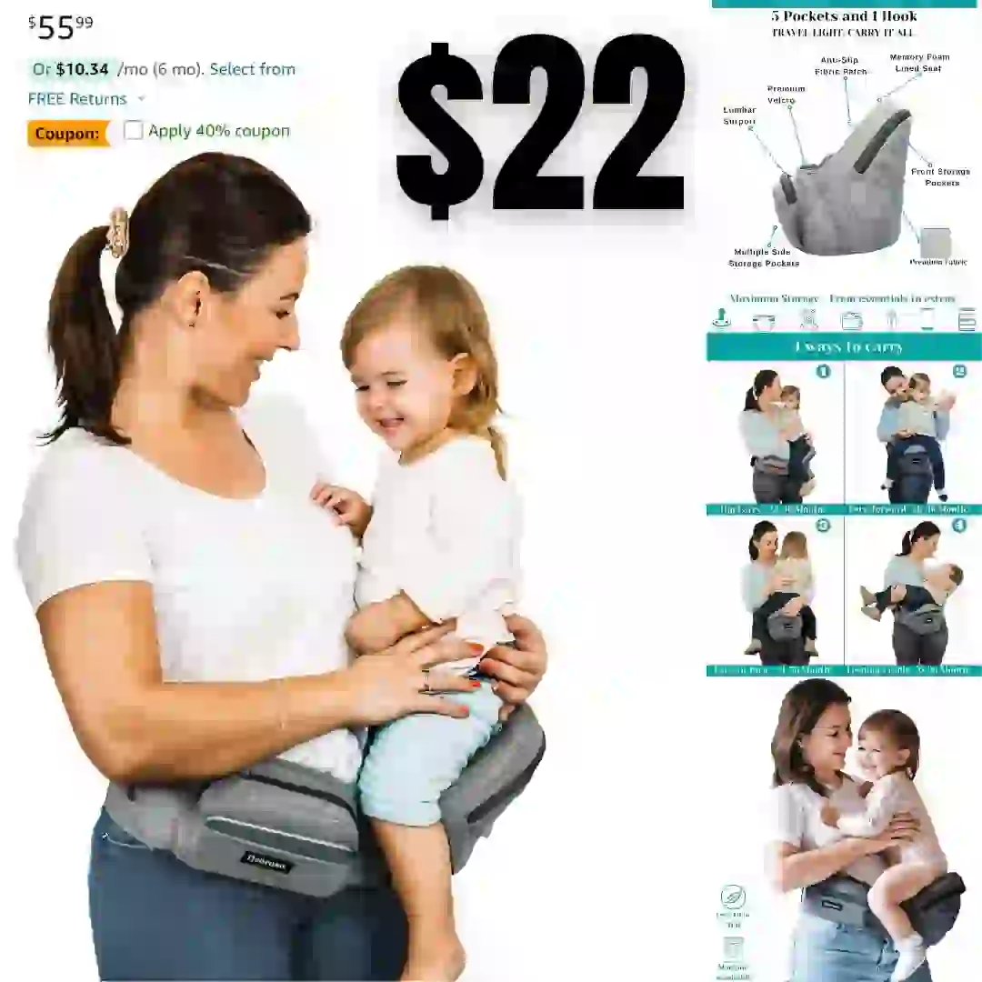 Certified Hip Seat Baby Carrier – New Ergonomic Bench Design, Multiple Pockets