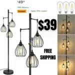 Dimmable Floor Lamp, Farmhouse Industrial Standing Lamp with 3 PCS 7W LED Edison Bulbs & 3 Light Elegant Teardrop Cage Heads