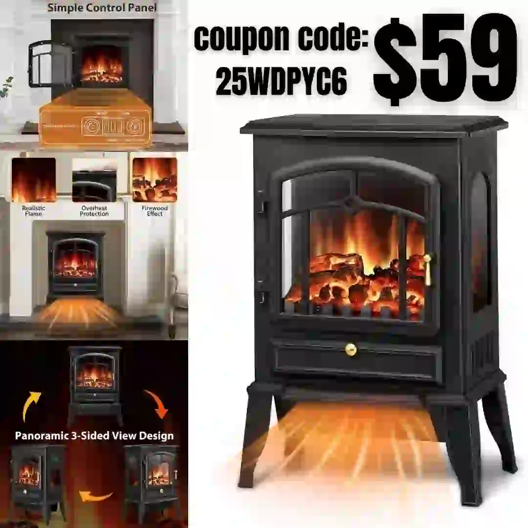 Electric Fireplace Stove with Realistic Flame,Infrared Freestanding Fireplace Heater,Portable,Retro