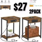 End Table with Charging Station, Side Table with 2 USB Ports and 2 Outlets