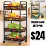 Fruit Basket for Kitchen, 4 Tier Rolling Cart, Fruit and Vegetable Storage Cart, Utility Cart with 4 Wire