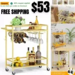 Gold Bar Cart, Mobile Serving Cart with Wine Rack and Glass Holder, 2 Tiers Home Bar Serving Cart on Lockable Wheels for Kitchen
