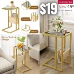 Gold Glass End Table for Couch,C Shaped Sofa Side Table with Storage Bag, That Slide Under